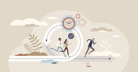 Agile with quick decisions and adapt to new situation tiny person concept. Business strategy change and company progress improvement based on effective, fast and flexible thinking vector illustration.