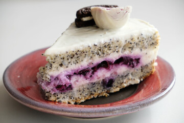 Piece of cake on a plate on white background. With poppy seeds, blueberries, white chocolate