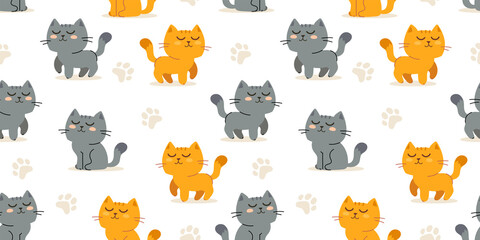 Vector illustration of happy cute cat character on white color background. Flat line art style design of seamless pattern with red and gray animal cat