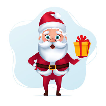 Santa Claus holding Christmas gift box present. Cartoon vector, isolated illustration