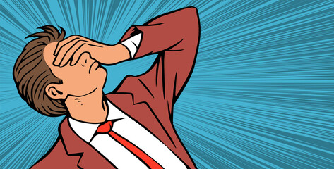 The young man is in great despair. He clutched his head in grief. Business clothes. Vector comic pop art illustration hand drawn © Mikhail