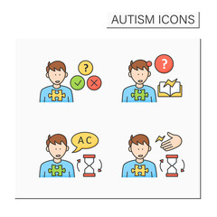 Autism spectrum disorder color icons set. Socially awkward, learning disability, repeating words, phrases, noises. Atypical behavior.Neurodevelopmental disorder concept. Isolated vector illustrations