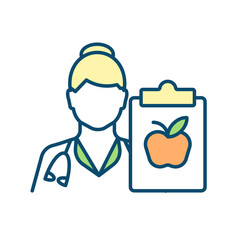 Physician nutrition specialist RGB color icon. Promoting healthy diet and wellbeing. Improving eating habits. Dietetic treatment. Isolated vector illustration. Simple filled line drawing