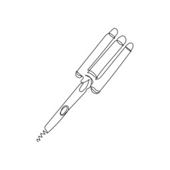 Triple-Barrel curling iron continuous line drawing. One line art of home appliance, bathroom, curly hair, styling, hairdressing supplies.