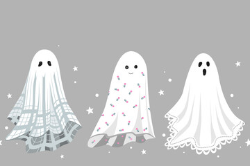 Seamless pattern with cute ghosts in a vintage sheets. Border design element for Halloween decorative design. Vector illustration