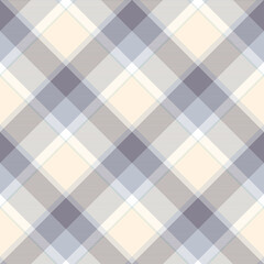Seamless plaid check pattern in cream yellow, faded purple, grey and white. All over diagonal repeat. 