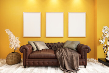 Mock up poster frame on the yellow color wall.