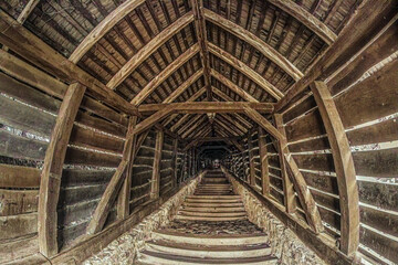 Sighisoara, Transylvania, Romania.Wooden staircase or covered staircase - 464283095
