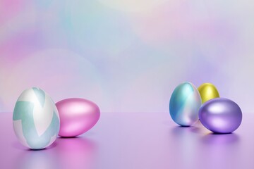 3d render of glossy metallic pastel easter eggs on a purple background