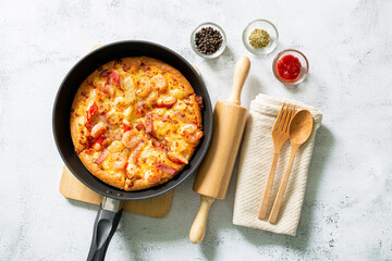 pizza,Whole Vegan Homemade pizza. Whole Grain Pizza with baked Vegetables and Mushrooms. grey stone background copy space