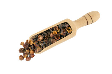 dried rose hip fruit in wooden scoop isolated on white background. Herbs and food ingredients.