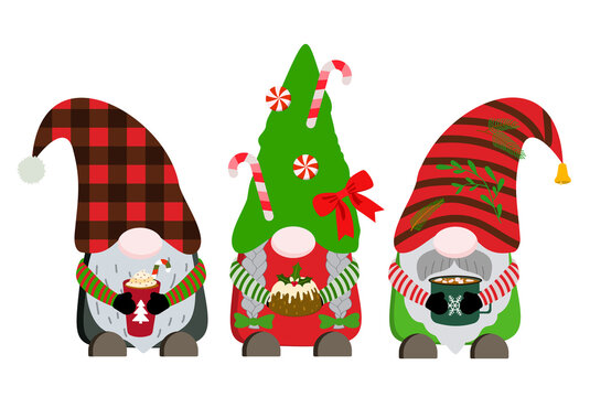 Christmas holiday gnomes with drinks and cake clipart