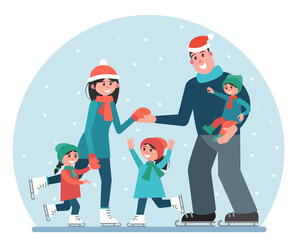 Big family at the rink. Parents and children ice skating in the snow. Leisure. Vector illustration in a flat style.