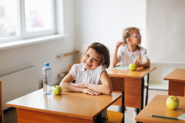 A healthy snack at school, green apples and water at school recess. Children share food in class during the break, friendships and relationships of classmates