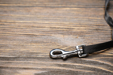 Dog leash with carabiner on a wood background, space for text, close-up.