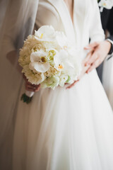 Romantic wedding moment, couple of newlyweds smiling portrait, bride and groom hugging