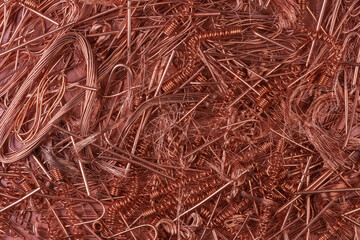 Copper scrap, raw material industry abstract background