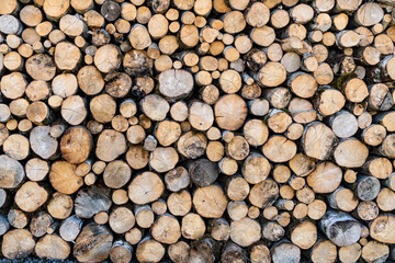 Abstract pattern of stacked fire wood logs.