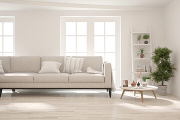 White living room with sofa. Scandinavian interior design. 3D illustration