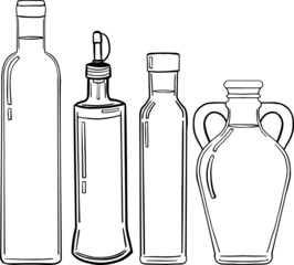 Hand drawn vector glass oil bottle. Illustration outline in retro sketch style. Glass bottle for liquid. Hand drawn design element.