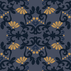 Seamless floral pattern in an antique style. Damask decorative ornament. Blue, yellow color. For fabric, tile, wallpaper or packaging. Vector graphics.