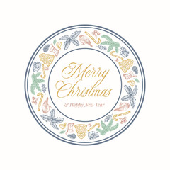 Christmas Wreath Card with Circle Frame Banner and Cute Typography. Gentle Colors Greetings Label or Sticker Layout with Sketch Spruce, Holly, Mistletoe and Gift Boxes. Isolated