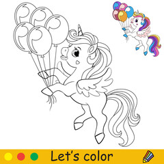 Cartoon cute unicorn with wings holds the balloons coloring