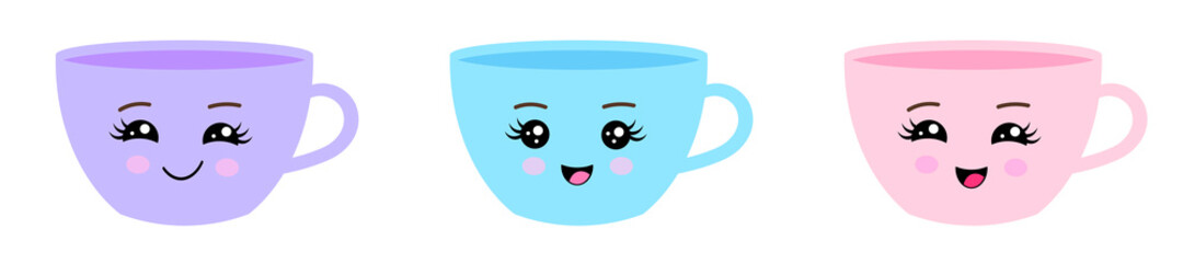 Set of 3 cute happy funny coffee mugs. Kawaii cup. Smiling cartoon character. Purple, blue and pink mugs	