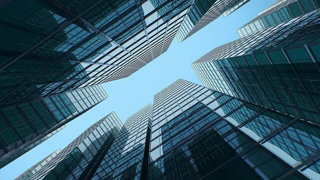 Business Center from Morning to Evening Time-lapse. Modern Downtown Skyscrapers Moving Sun Light Abstract 3d Animation. 4k UHD 3840-2160.