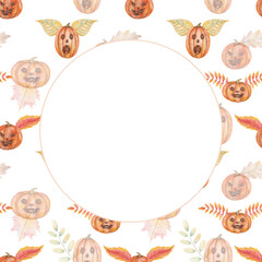 Round frame from watercolor hand painted illustration of carved orange pumpkins with scary faces for Halloween with autumn leaves like wings isolated on white for holiday invitations, design postcards