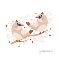 Baby Zodiac Sign Gemini with leaves, branches, moon, rain, stars. Cute vector astrology character