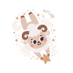 Baby Zodiac Sign Aries with leaves, branches, moon, rain, stars. Cute vector astrology character