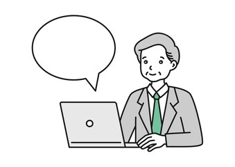 パソコンを操作するスーツを着た会社員の年配男性のイメージイラスト素材