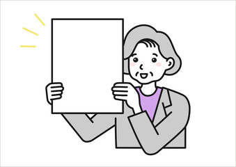ボードを持って発表するスーツを着た年配女性のイメージイラスト素材