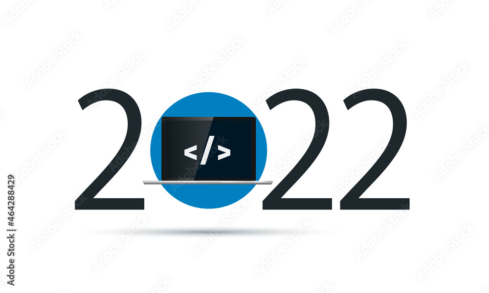 Aufkleber happy new year 2022. year 2022 with laptop and programming code on screen