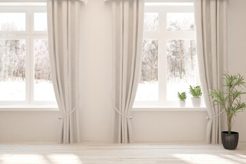 Naklejka na ściany i meble Mock up of empty room in white color with winter landscape in window. Scandinavian interior design. 3D illustration
