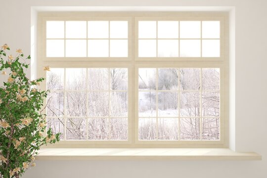 Winter landscape in window. 3D illustration