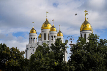 Fototapeta na wymiar Golden domes of the church sparkle against the background of a blue sky and clouds