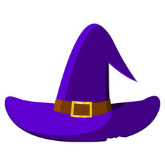 Halloween witch hat with a gold buckle, purple. Vector illustration in cartoon style. Halloween costume. Costume party in late October.