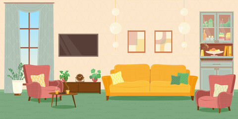 Living room with furniture. Cozy interior of a modern living room with a sofa, armchairs, sideboard, TV, flowers, window with curtains. Vector flat plane style. Graphic design template.