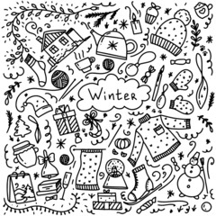 Set of winter hand drawn elements. Doodle style. Winter doodles. Sweater, hat, mittens, house, branches, tea, kettle, book, gifts, candy, gerlands.