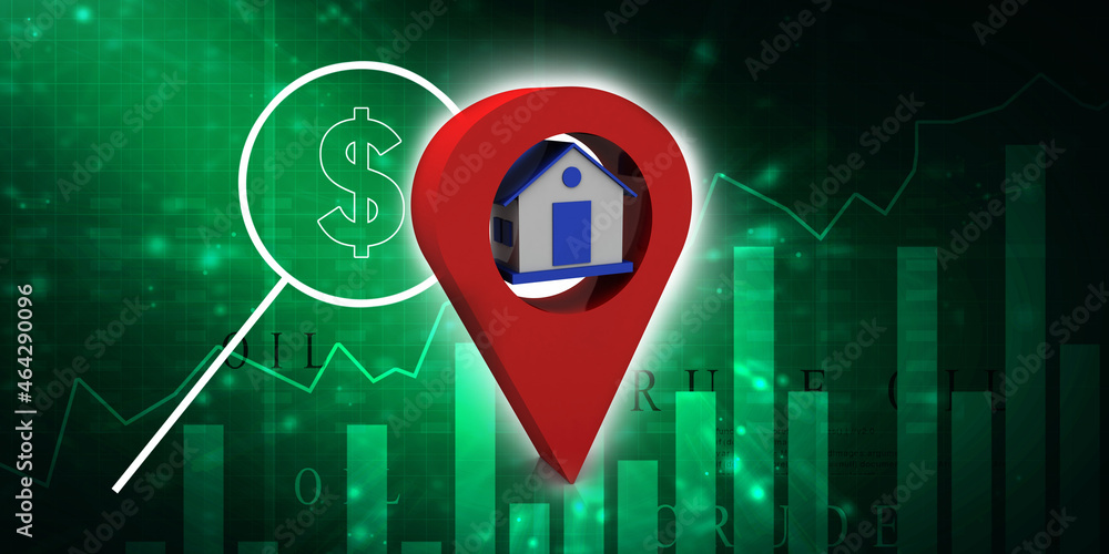 Poster 3d illustration search for property .a map with large red gps pointer containing