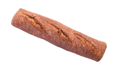 Tasty rye baguette isolated on white, top view. Fresh bread