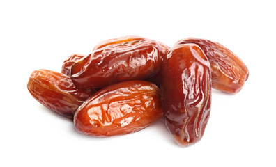 Heap of tasty sweet dried dates on white background