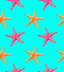 Fototapeta na wymiar Seamless pattern with starfish. Hand-drawn illustration, colored