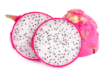 Dragon fruit isolated on white background. Slice of fresh Pitaya or Pitahaya fruit with clipping path.