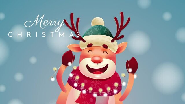 Christmas card concept. Cheerful deer holds glowing garland. Realistic moving character on blue background with snowfall. Popup congratulatory phrase. Animated cartoon in high resolution