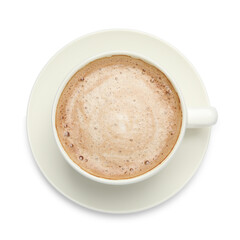 Cup of hot coffee isolated on white, top view