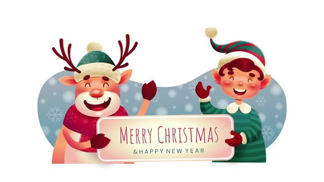 Merry Christmas and Happy New Year concept. Realistic elf and deer holding greeting banner. Moving postcard for winter holiday. Animated cartoon in high resolution with white background