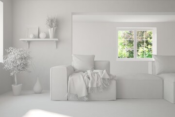 Mock up of stylish room in white color with sofa and green landscape in window. Scandinavian interior design. 3D illustration